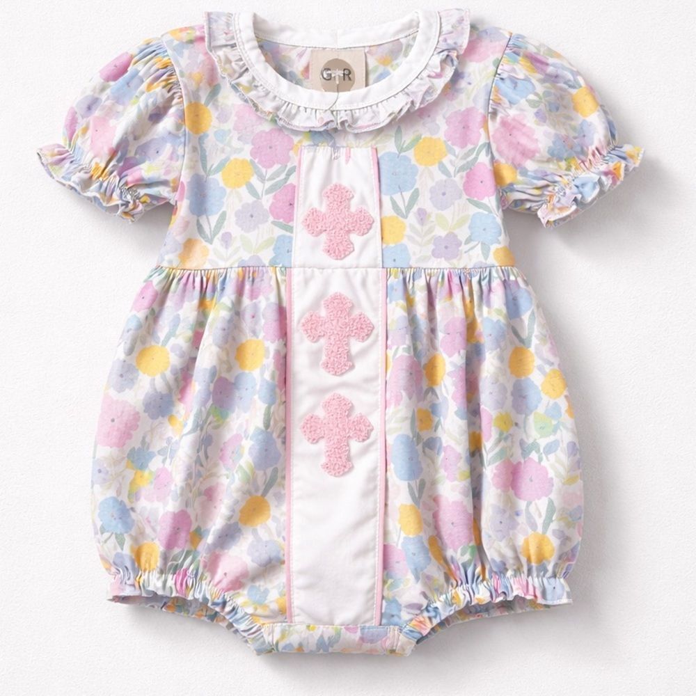 GR Pastel Floral cross appliqué Easter bubble romper NWT